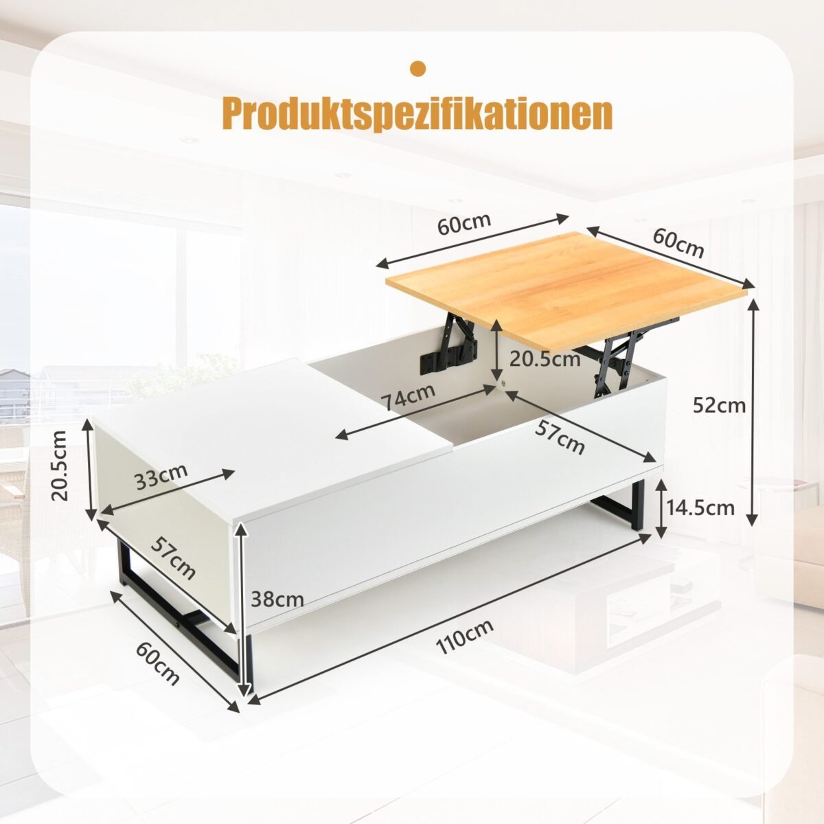 Aukštį reguliuojamas kavos staliukas su papildomu stalčiumi ir metaliniu rėmu (Balta)