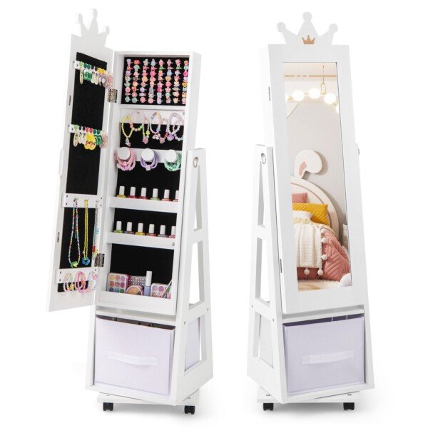 3-in-1 papuošalų spintelė su pilno ilgio veidrodžiu (Balta)