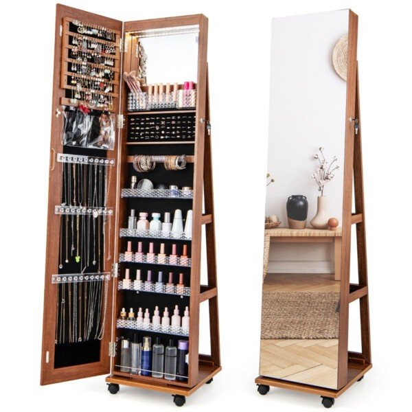 Kompaktiškas papuošalų stovas su veidrodžiu ir LED apšvietimu (Ruda)