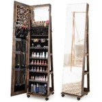 Aptaki papuošalų spintelė su integruotu veidrodžiu ir reguliuojamomis lentynomis (Kavos)