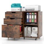 Mobilus biuro konteineris su trimis stalčiais ir atviromis lentynomis (Rustikali ruda)