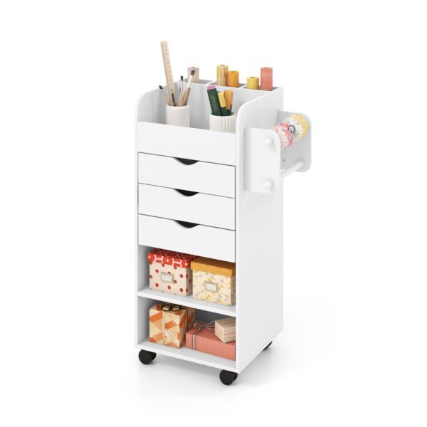 Mobilus spintelių su stalčiais stovas su ratukais (Balta)