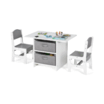 Vaikiškas medinis stalas su dviem kėdutėmis ir laikymo dėže (Pilka ir balta)