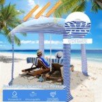 Paplūdimio pavėsinė su nuimama šonine sienele 202 x 202 x 233–270 cm (Tamsiai mėlyna ir balta)