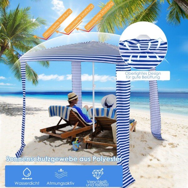 Paplūdimio pavėsinė su nuimama šonine sienele 202 x 202 x 233–270 cm (Tamsiai mėlyna ir balta)