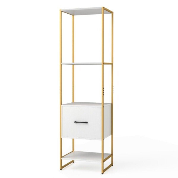 Aukšta penkių pakopų knygų lentyna su stalčiais (Balta)