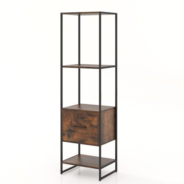5 pakopų knygų lentyna su stalčiumi ir metaliniu rėmu (Ruda)