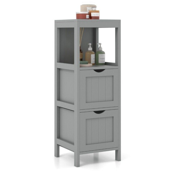 Siaura vonios spintelė su dviem stalčiais ir atviru skyriumi (Pilka)