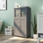 Aukšta keturių durelių spintelė su stiklais (Pilka)