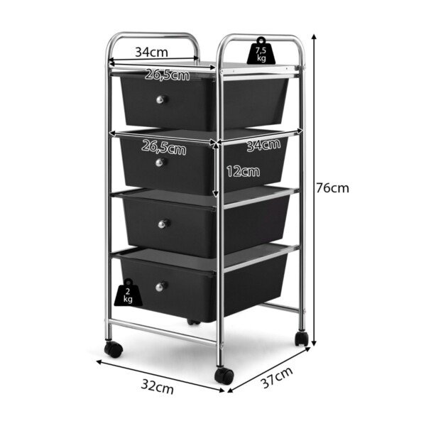 Vežimėlis su keturiais stalčiais ir metaliniu rėmu (Juoda)