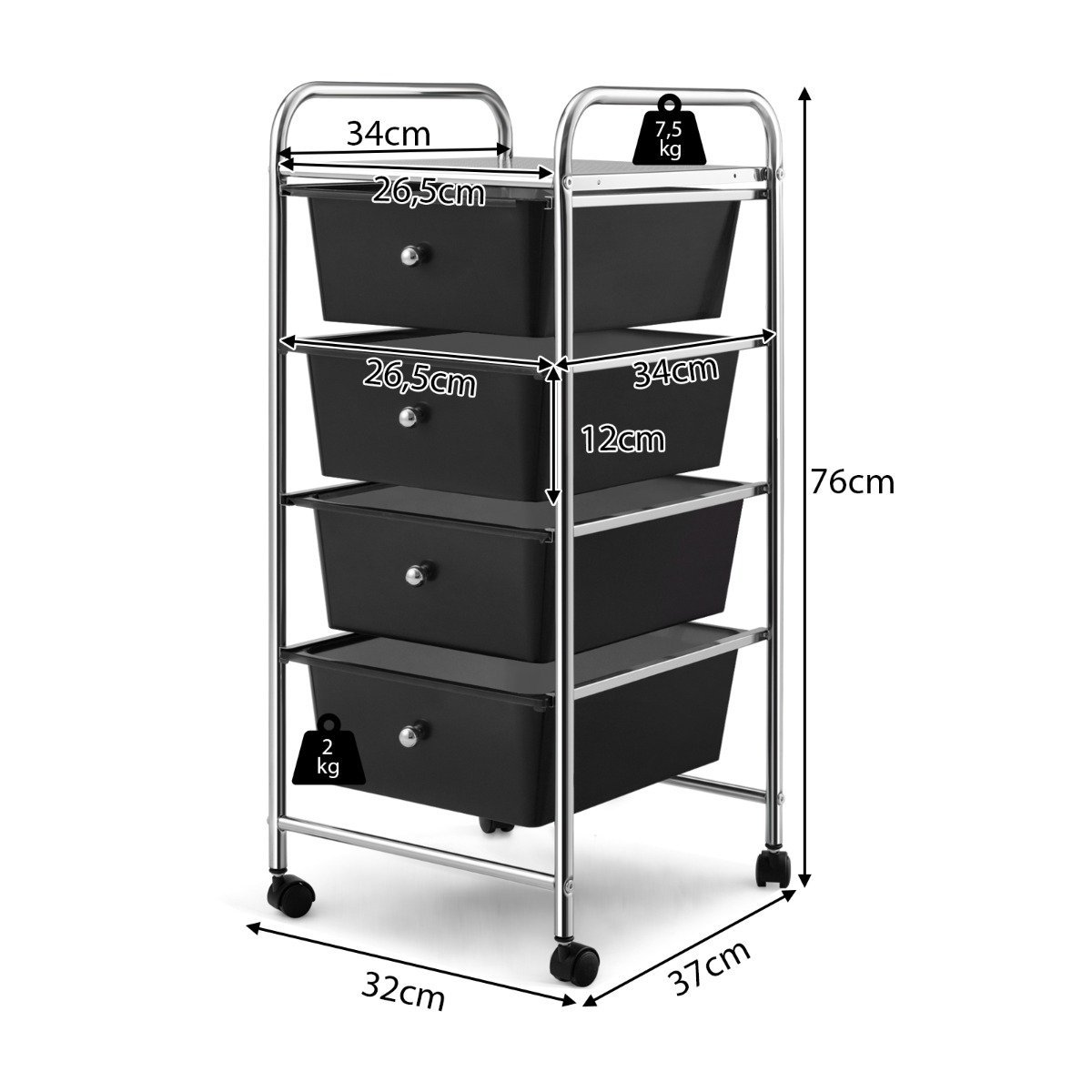 aufbewahrungswagen-hw55240bk_6_ Vežimėlis su keturiais stalčiais ir metaliniu rėmu (Juoda)