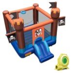 Vaikų pripučiama pilis su čiuožykla ir krepšinio lanku (Mėlyna)