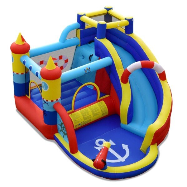 Pripučiama vaikų žaidimų pilis su vandens čiuožykla ir laipiojimo sienele (Spalvota)