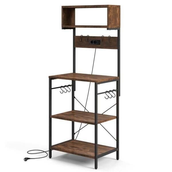 Virtuvės pastatomas lentynų stovas su integruotomis rozetėmis ir kabliukais (Ruda)