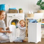 Stilingas medinis skalbinių krepšys su dangčiu (Balta)