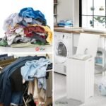 Stilingas medinis skalbinių krepšys su dangčiu (Balta)