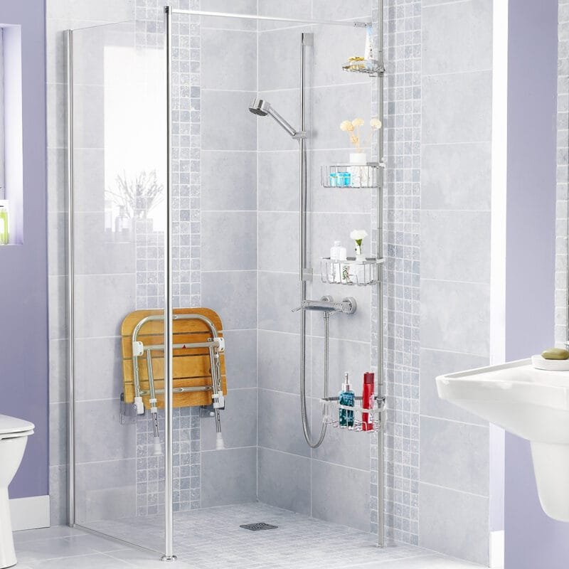 Teleskopinis kampinis vonios lentynų stovas su 4 reguliuojamomis lentynomis (Sidabrinė)