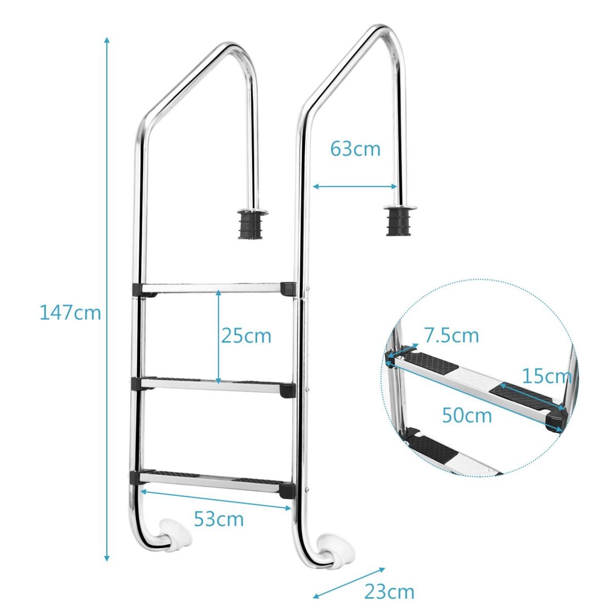 3 pakopų nerūdijančio plieno baseino laipteliai su neslystančiomis pakopomis (Sidabrinė)