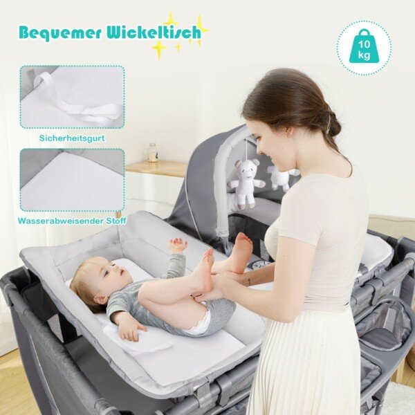 Kompaktiškas 4-in-1 kūdikio maniežas su lopšiu ir vystymo stalu (Pilka)