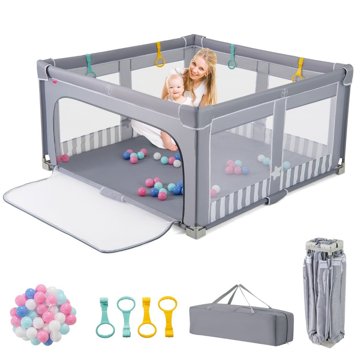 baby-laufstall-sicherheitszaun-12845_1__1 Vaikiškas aptvaras 150x150 cm su žaislais ir rankenėlėmis (Šviesiai pilka)