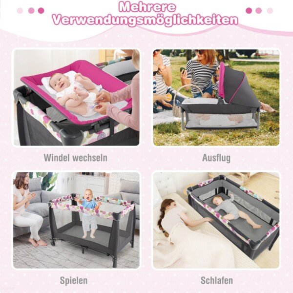 Daugiafunkcis kūdikio maniežas su lopšiu ir pervystymo stalu (Rožinė)