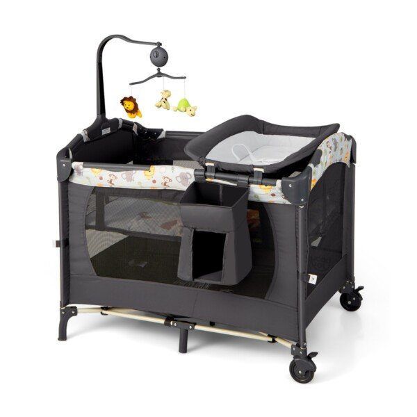 Daugiafunkcis kūdikio žaidimų ir miego kampelis su maniežu bei vystymo stalu (Pilka)