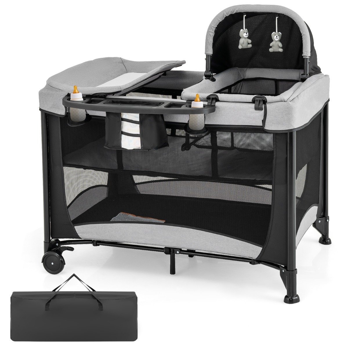babybett-11590_1_ Nešiojama 5-in-1 vaikiška lovytė: vežimėlis lopšys žaidimų aptvaras ir vystymo lenta (Juoda)