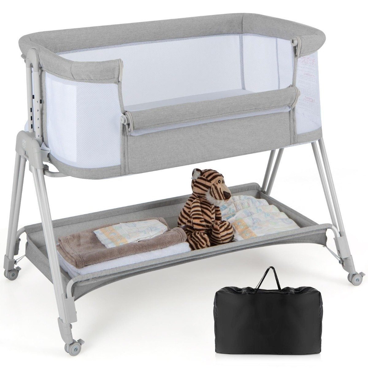 babybett-bc10119hs_1_ Daugiafunkcinis vaikiškas lovytės lopšys su reguliuojamu aukščiu ir patogiu čiužiniu (Pilka)