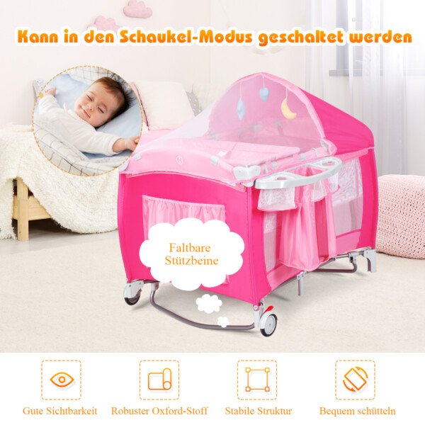 Daugiafunkcė kelioninė vaikiška lovytė-transformeris su vystymo lenta (Rožinė)