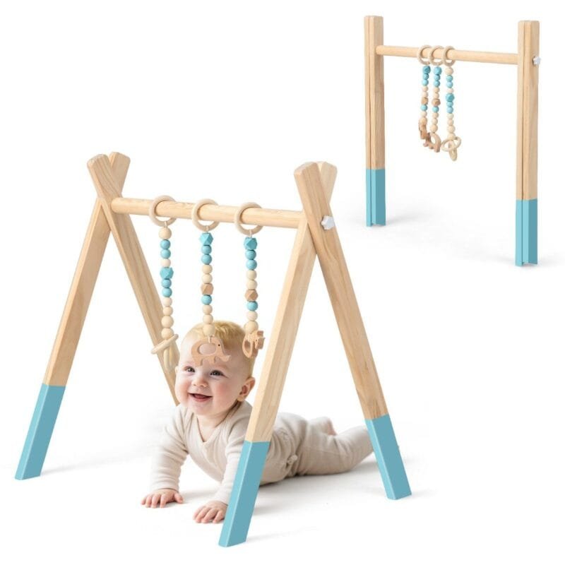 Medinis kūdikio maniežas su trimis pakabinamais žaislais (Žalia)