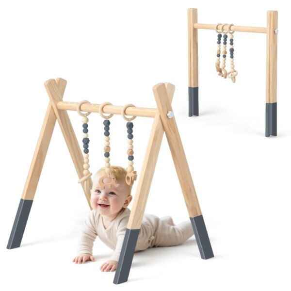 Medinis kūdikio aktyvumo centras su trimis kabinamaisiais žaislais (Pilka)