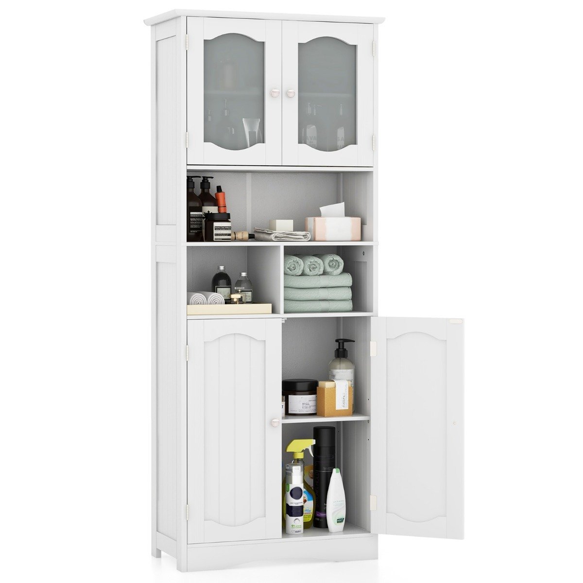 badezimmerschrank-hochschrank-11464_1_ Aukšta vonios baldų spintelė su 4 durimis ir lentynomis (Balta)