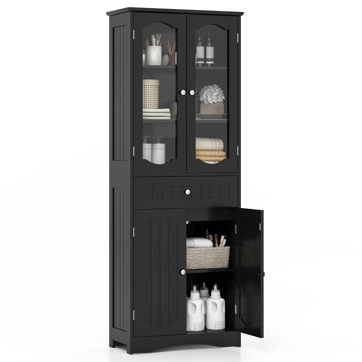 badezimmerschrank-hochschrank-13911_6_ Aukšta vonios spintelė su ketveriomis durelėmis ir stalčiumi (Juoda)
