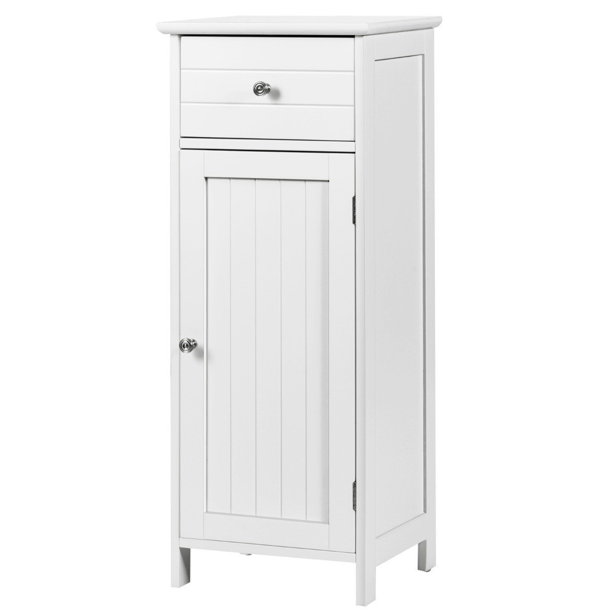 badschrank-hw66003_2_ Kompaktiška vonios spintelė su stalčiumi ir reguliuojamomis lentynomis (Balta)