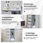 Kompaktiška vonios spintelė su keturiais stalčiais ir šonine spintele (Pilka)