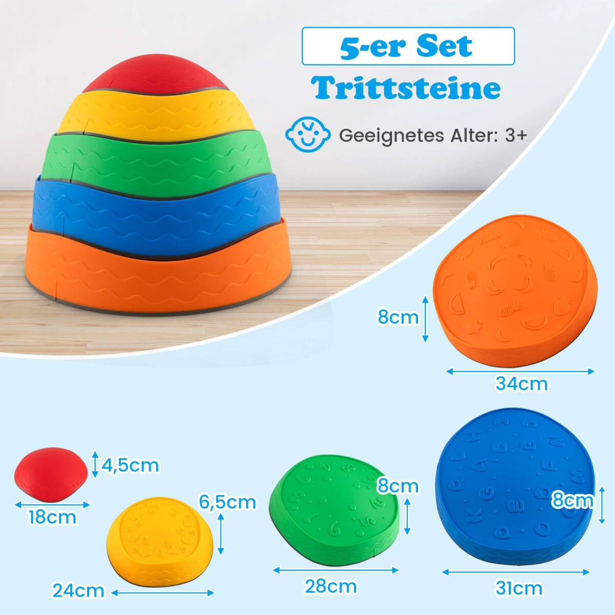 Balansiniai akmenys vaikams daugiaspalviai neslystantys iki 80 kg apkrovos (Daugiaspalvė)