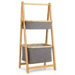 Sulankstoma bambukinė pastatoma lentyna su krepšiais ir rankšluosčių laikikliu (Pilka)