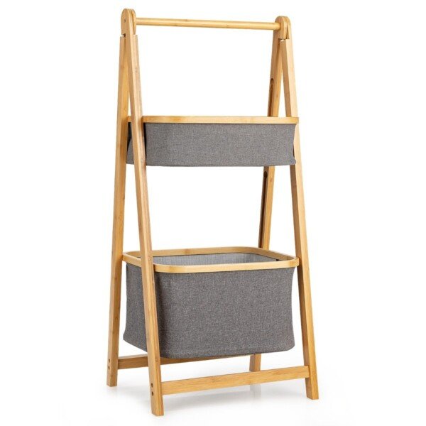 Sulankstoma bambukinė pastatoma lentyna su krepšiais ir rankšluosčių laikikliu (Pilka)
