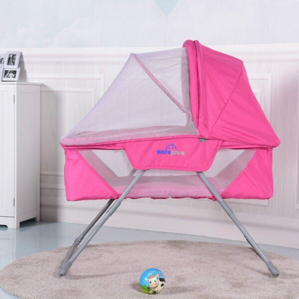 Lopšys su supynių funkcija ir tinkleliu nuo vabzdžių (Rožinė)