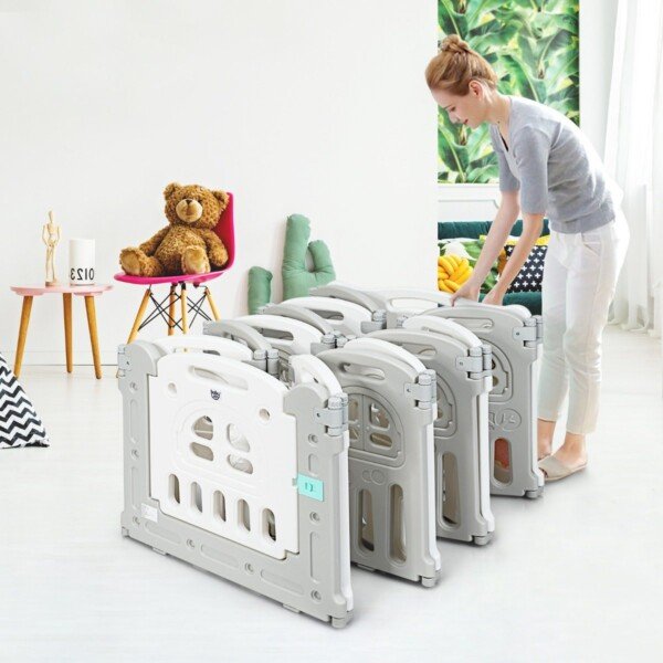 Sulankstomas vaikiškas žaidimų aptvaras su stalu ir kėdute (Pilka ir balta)