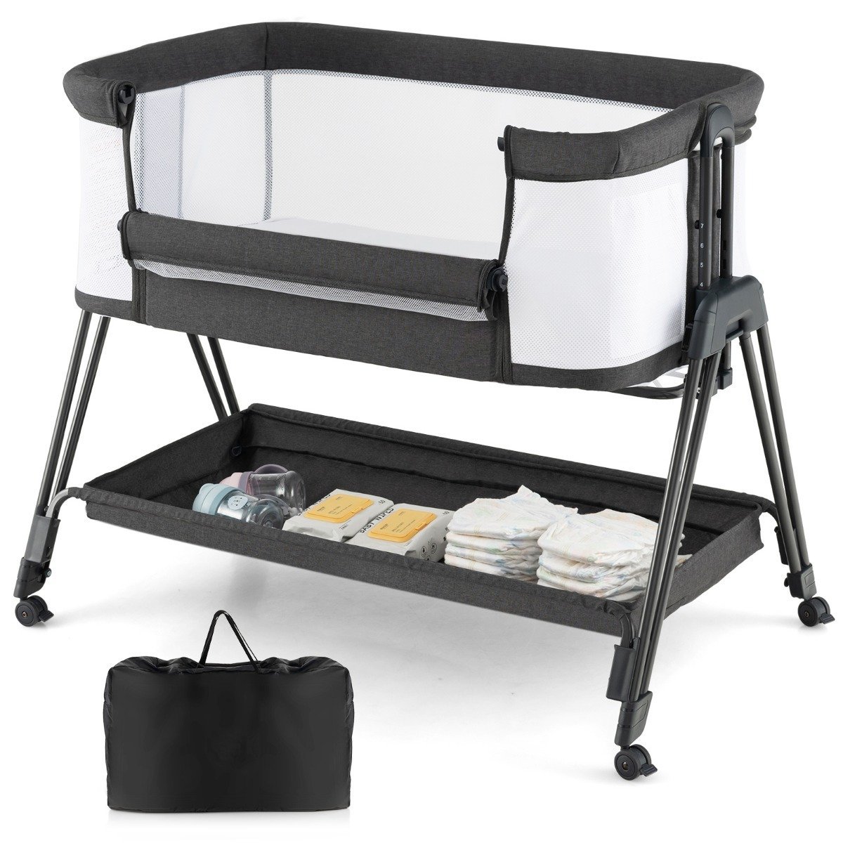beistellbett-f_r-_babys-bc10119dk-1_10_ Sulankstomas vaikiškos lovytės priedėlis su reguliuojamu aukščiu (Tamsiai pilka)