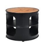 Industrinis medžio ir metalo staliukas su dviem lentynomis (Juoda)