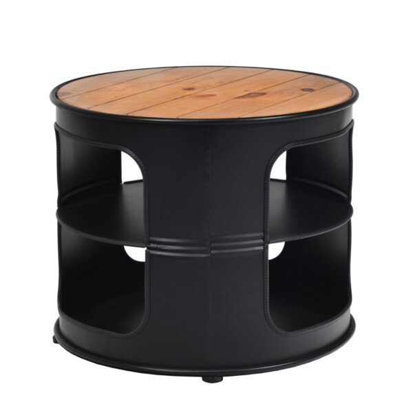 Industrinis medžio ir metalo staliukas su dviem lentynomis (Juoda)