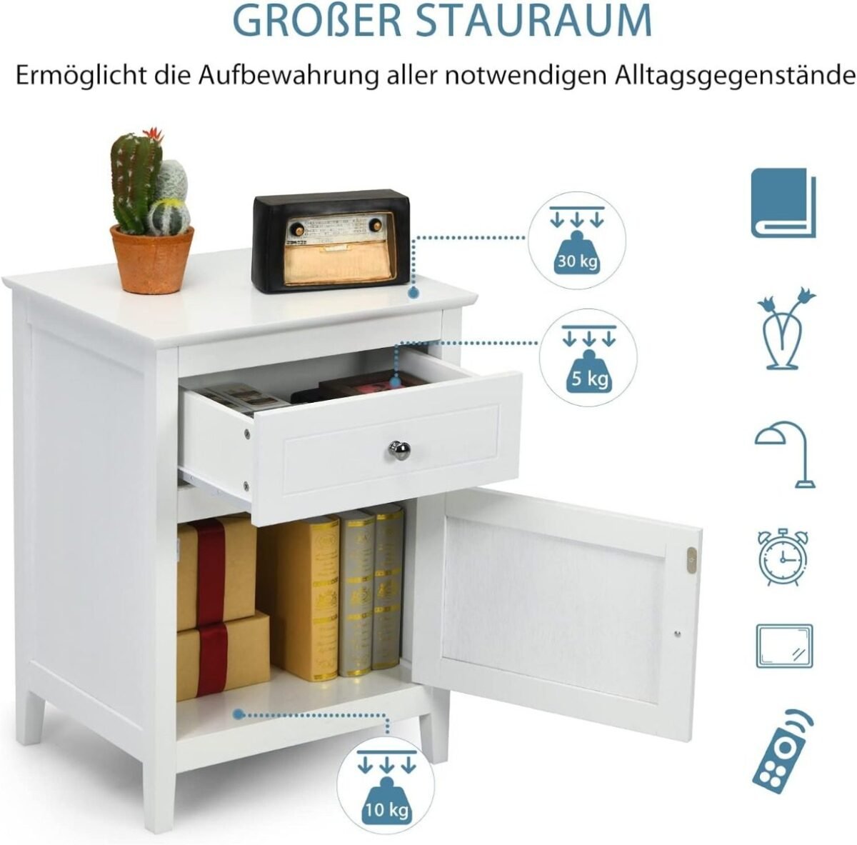 Spintelė naktinė su stalčiumi ir durelėmis (Balta)