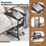Reguliuojamo aukščio C formos staliukas su ratukais ir daiktų krepšeliu (Juoda)