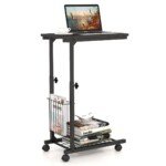 Reguliuojamo aukščio C formos staliukas su ratukais ir daiktų krepšeliu (Juoda)