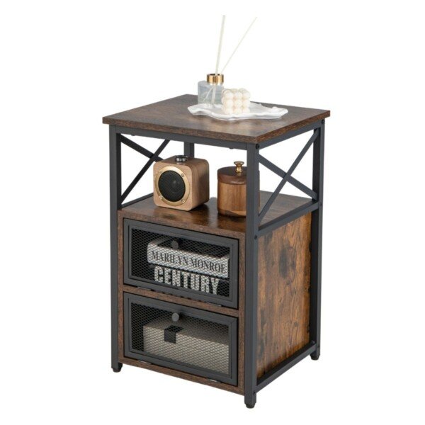 Industrinio dizaino kampinis staliukas su dviem stalčiais (Rustikalinė ruda)