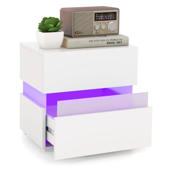 Naktinis staliukas su LED apšvietimu ir dviem stalčiais (Balta)