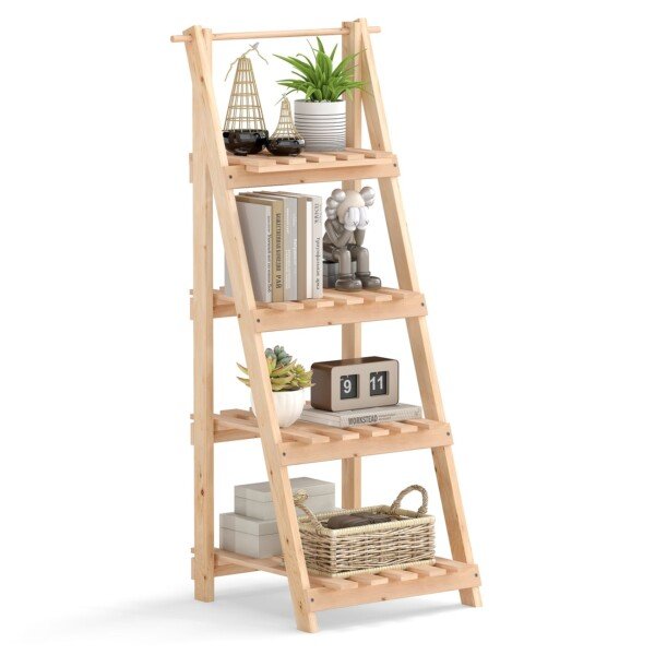 Sulankstomas medinis augalų stovas su keturiomis lentynomis (Natūrali)