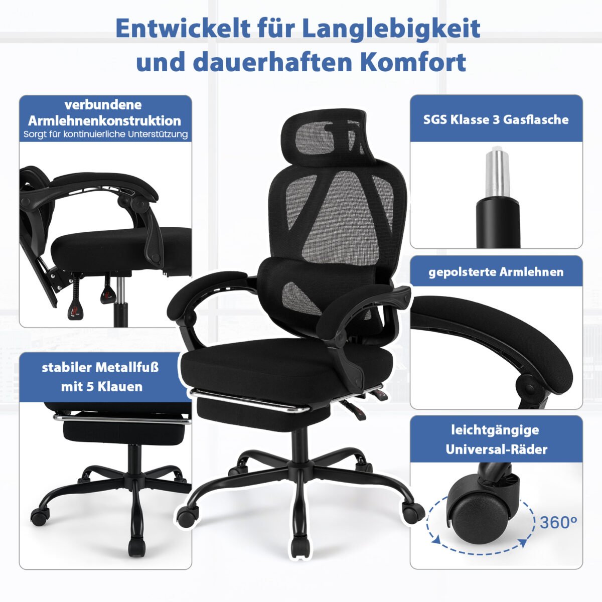 Ergonomiška biuro kėdė su ištraukiama kojų atrama ir reguliuojamu atlošu (Juoda)